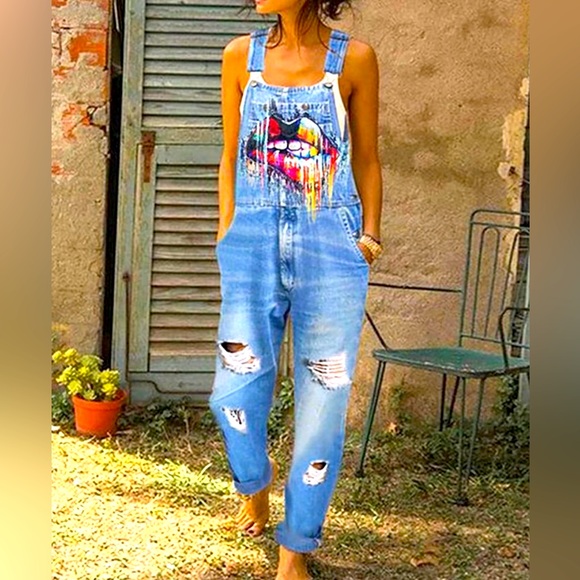 Lip Distressed Pocket Denim Overalls Mislook Boho Hippie Style Size - Picture 1 of 3
